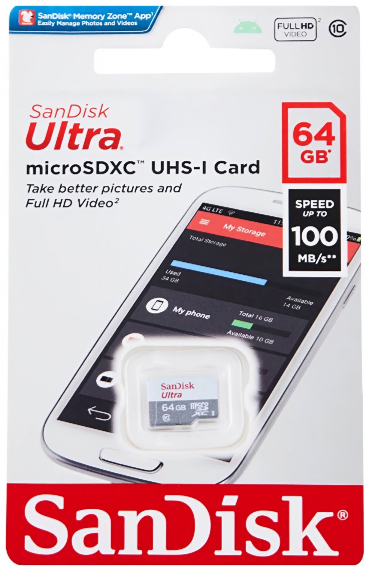 Card Memorie microSDXC SanDisk Ultra, 64Gb, Clasa 10 SDSQUNR-064G-GN3MN