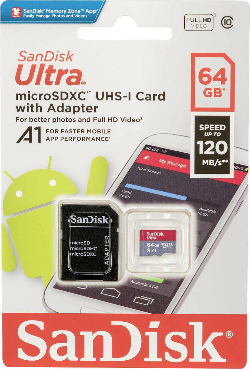 Card Memorie microSDXC SanDisk Ultra Android A1, 64Gb, Clasa 10 / UHS-1 U1, Cu Adaptor SDSQUAB-064G-GN6MA