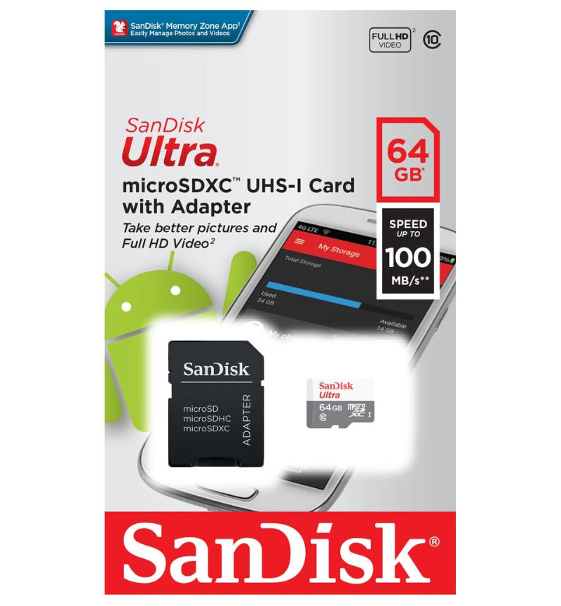 Card Memorie microSDXC SanDisk Ultra, 64Gb, Clasa 10, Cu Adaptor SDSQUNR-064G-GN6TA