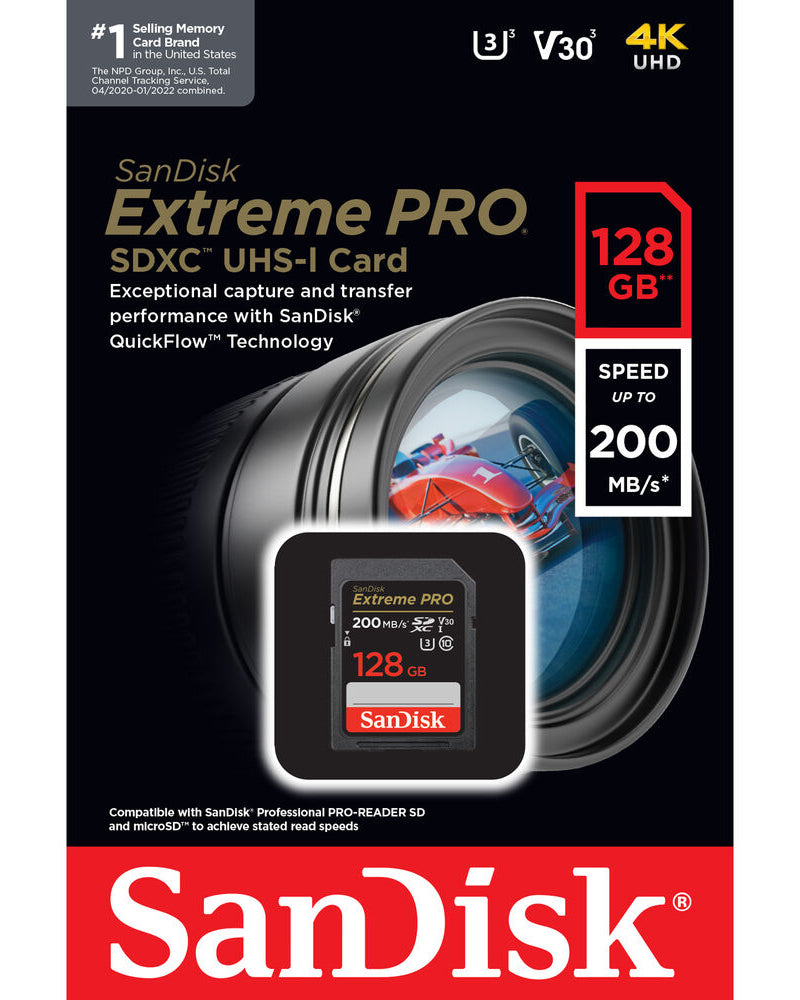 Card Memorie SDXC SanDisk Extreme Pro, 128Gb, Clasa 10 / UHS-1 U3 SDSDXXD-128G-GN4IN