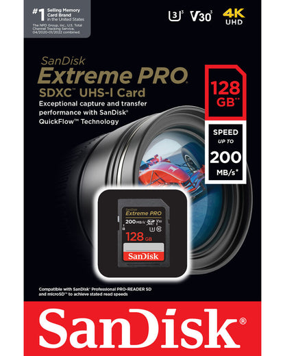 Card Memorie SDXC SanDisk Extreme Pro, 128Gb, Clasa 10 / UHS-1 U3 SDSDXXD-128G-GN4IN