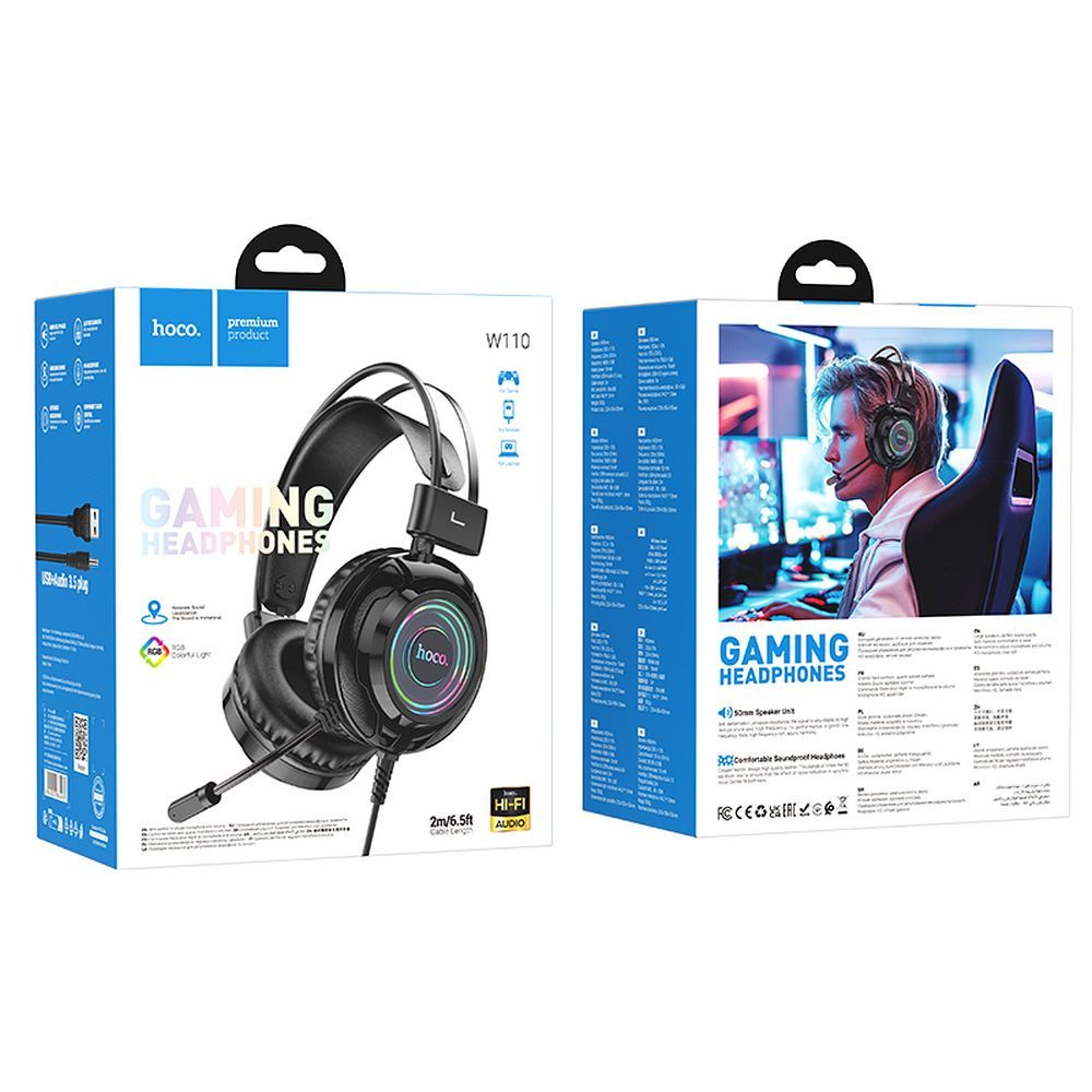 Casti Gaming 3.5mm HOCO W110, RGB, Negre