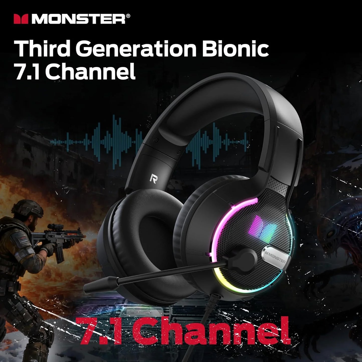 Casti Gaming 3.5mm Monster Mission 320, RGB, 1.9m, Negre