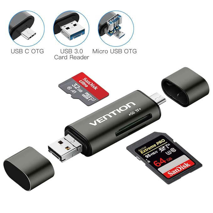 Cititor Card USB / USB-C / microUSB Vention, SD - microSD, Gri CCJH0