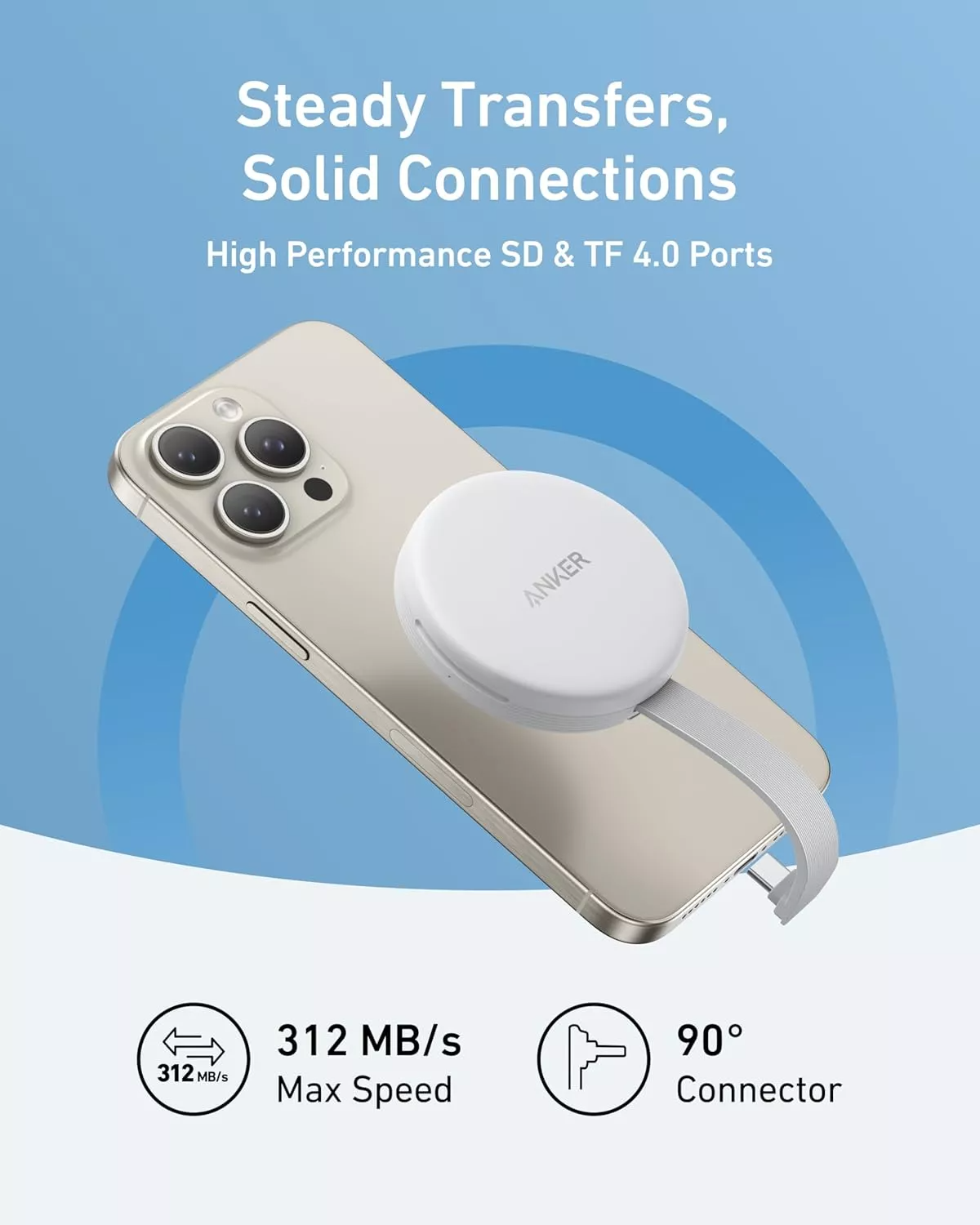 Cititor Card USB-C Anker MagGo pentru Apple iPhone USB-C, SD - microSD, Alb A83D1G21