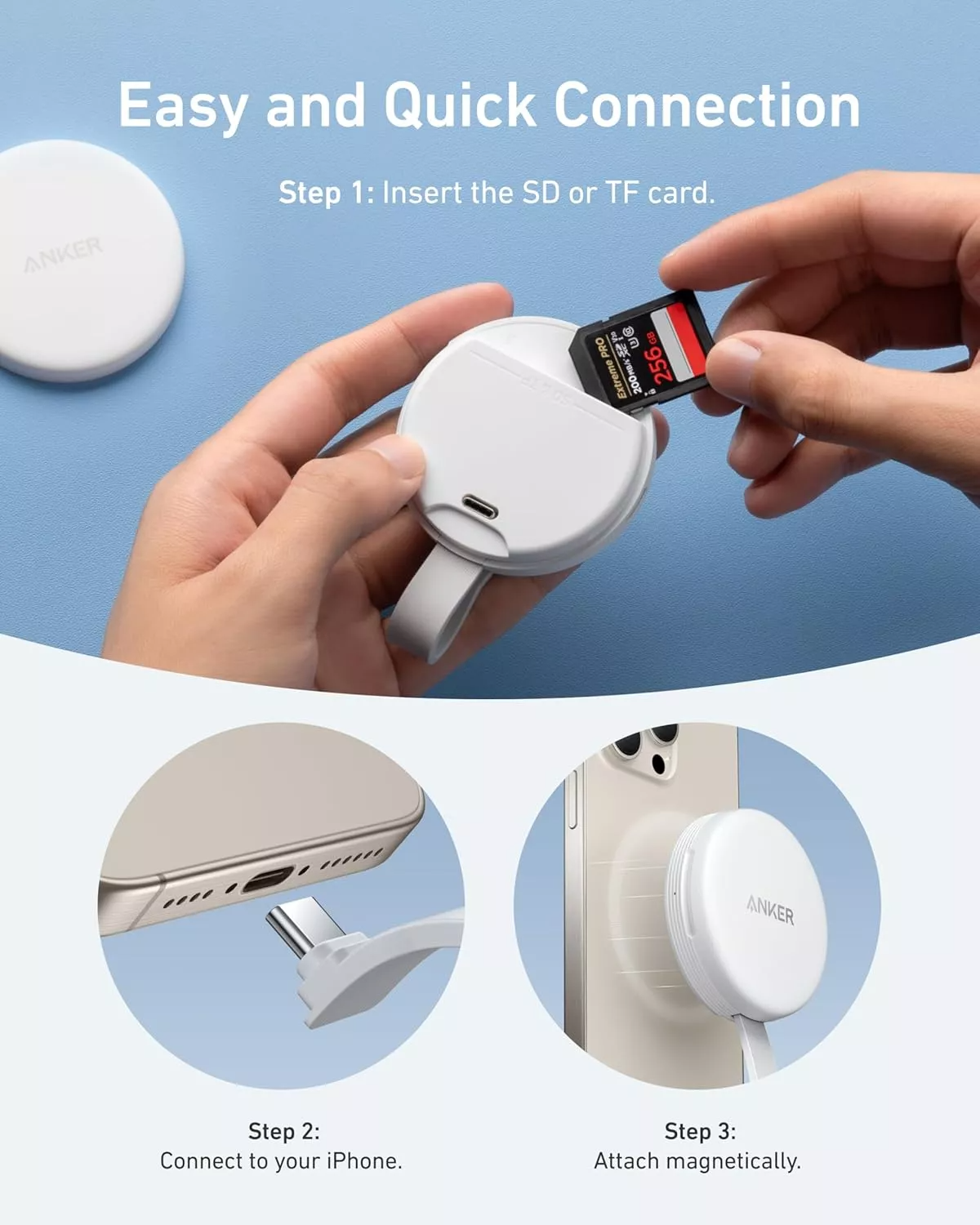 Cititor Card USB-C Anker MagGo pentru Apple iPhone USB-C, SD - microSD, Alb A83D1G21