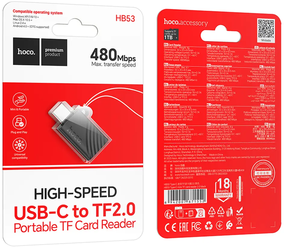 Cititor Card USB-C HOCO HB53, microSD, Negru
