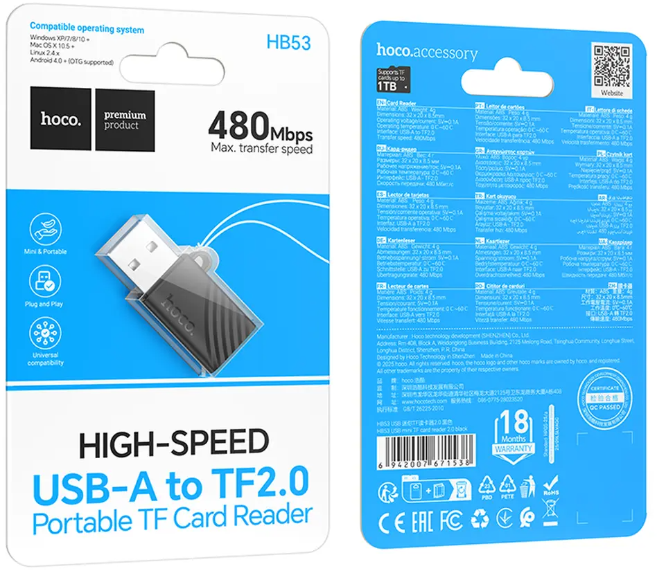 Cititor Card USB HOCO HB53, microSD, Negru