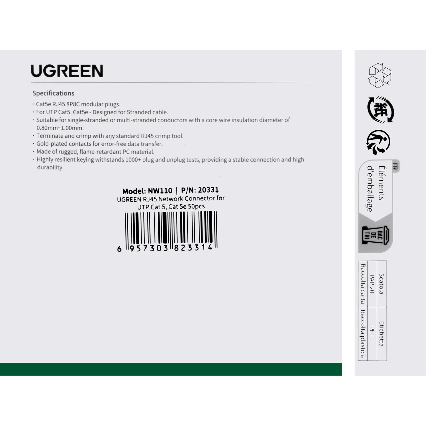 Conector Retea UGREEN NW110, RJ45, Cat5, Set 50 bucati