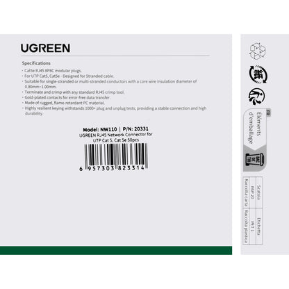 Conector Retea UGREEN NW110, RJ45, Cat5, Set 50 bucati