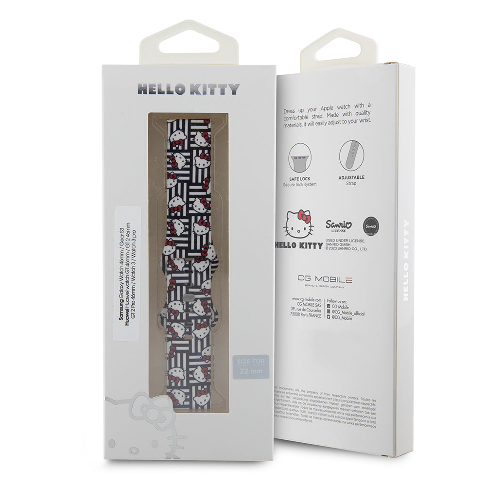 Curea Hello Kitty Silicone Kitty Heads & Stripes pentru Samsung Galaxy Watch / Huawei Watch Series, Neagra