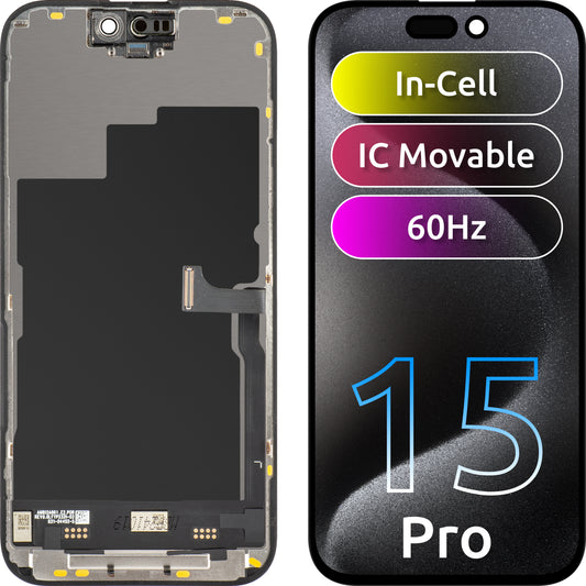 Display cu Touchscreen JK pentru Apple iPhone 15 Pro, cu Rama, Versiune LCD In-Cell IC Movable, Negru