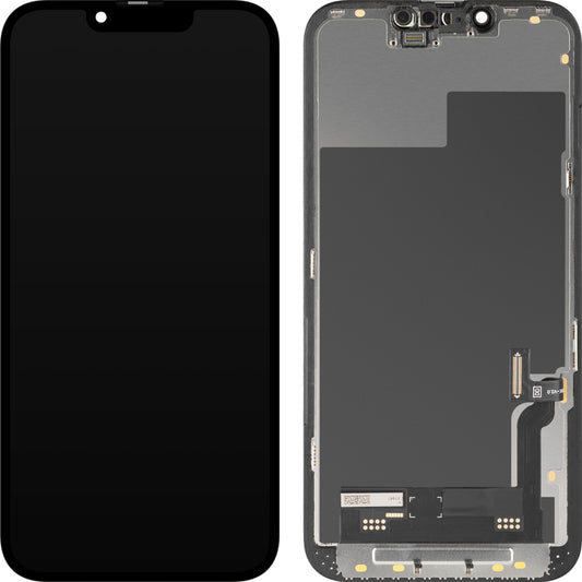 Display cu Touchscreen MP compatibil cu Apple iPhone 13, cu Rama, Versiune Soft OLED IC Movable FHD, Negru