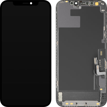 Display cu Touchscreen MP compatibil cu Apple iPhone 12 / 12 Pro, cu Rama, Versiune Soft OLED IC Movable FHD, Negru