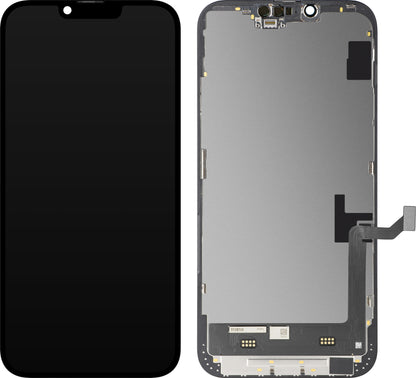 Display cu Touchscreen MP compatibil cu Apple iPhone 14 Plus, cu Rama, Versiune Soft OLED FHD IC Movable, Negru