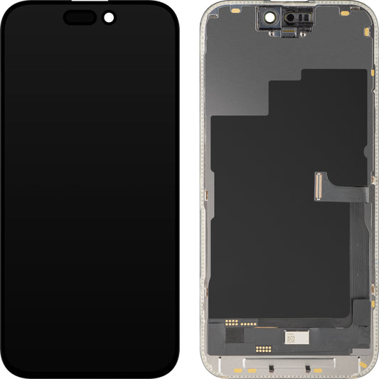 Display cu Touchscreen MP compatibil cu Apple iPhone 15 Pro, cu Rama, Versiune OLED FHD Diagnostic, Negru