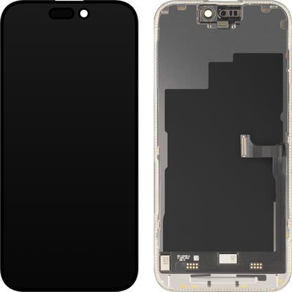 Display cu Touchscreen MP compatibil cu Apple iPhone 15 Pro, cu Rama, Versiune Premium Soft OLED FHD 120Hz, Negru