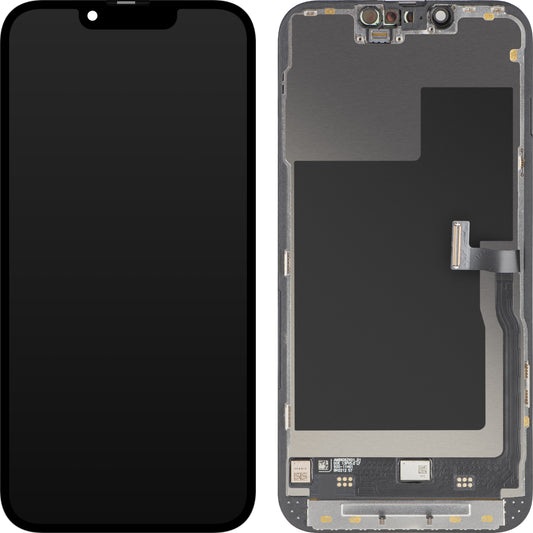 Display cu Touchscreen MP compatibil cu Apple iPhone 13 Pro, cu Rama, Versiune Premium Soft OLED FHD 120Hz, Negru