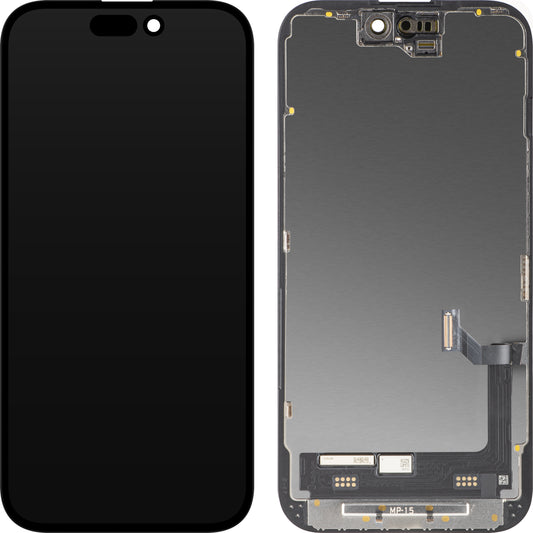 Display cu Touchscreen MP compatibil cu Apple iPhone 15, cu Rama, Versiune Premium Soft OLED FHD 120Hz Diagnostic, Negru