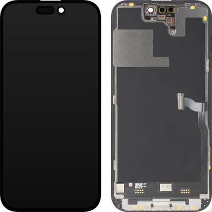 Display cu Touchscreen MP compatibil cu Apple iPhone 14 Pro, cu Rama, Versiune Premium Soft OLED FHD 120Hz Diagnostic, Negru