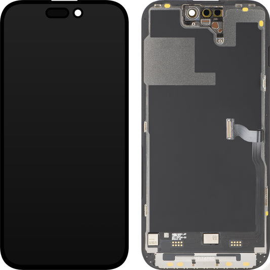 Display cu Touchscreen MP compatibil cu Apple iPhone 14 Pro, cu Rama, Versiune Premium Soft OLED FHD 120Hz Diagnostic, Negru