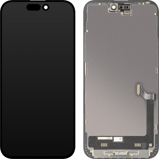 Display cu Touchscreen MP compatibil cu Apple iPhone 15 Plus, cu Rama, Versiune Premium Soft OLED FHD 120Hz Diagnostic, Negru