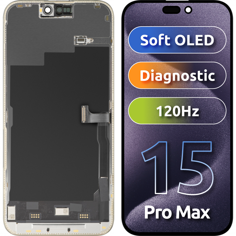 Display cu Touchscreen MP compatibil cu Apple iPhone 15 Pro Max, cu Rama, Versiune Soft OLED 120Hz FHD Diagnostic, Negru