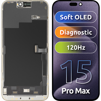 Display cu Touchscreen MP compatibil cu Apple iPhone 15 Pro Max, cu Rama, Versiune Soft OLED 120Hz FHD Diagnostic, Negru