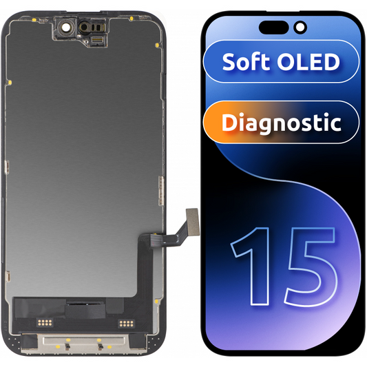 Display cu Touchscreen MP compatibil cu Apple iPhone 15, cu Rama, Versiune Soft OLED FHD Diagnostic, Negru
