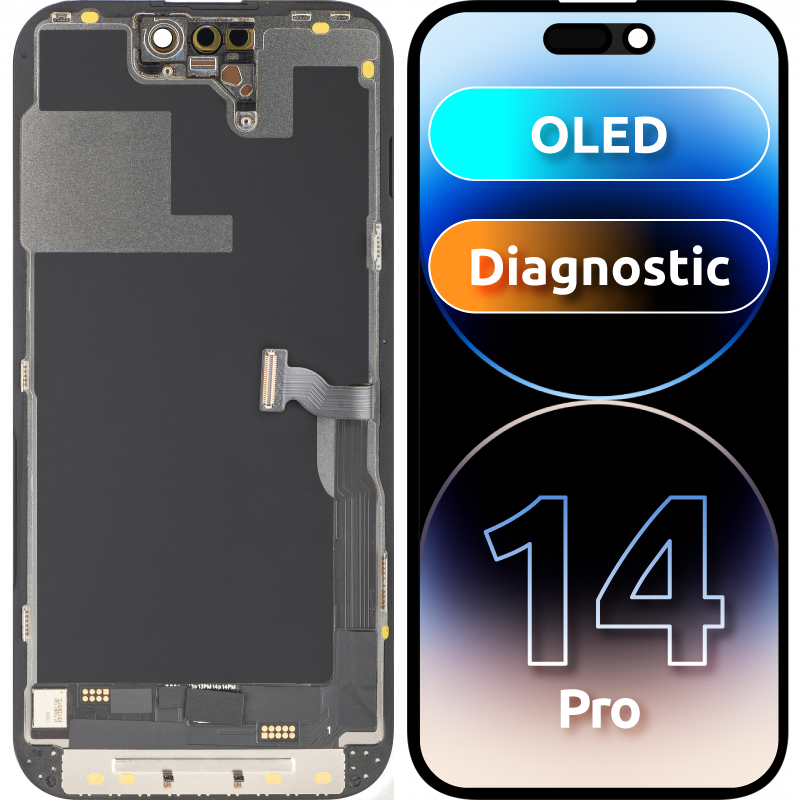 Display cu Touchscreen MP compatibil cu Apple iPhone 14 Pro, cu Rama, Versiune OLED FHD Diagnostic, Negru