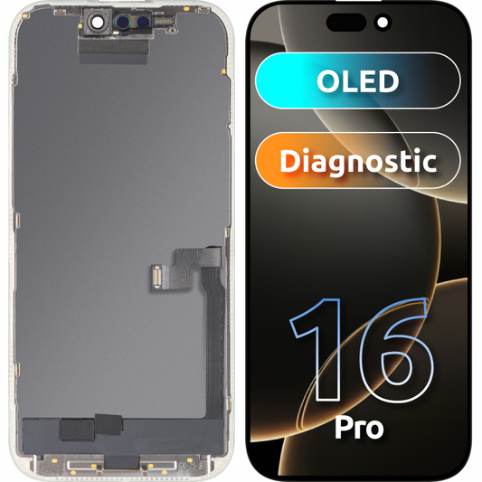 Display cu Touchscreen MP compatibil cu Apple iPhone 16 Pro, cu Rama, Versiune OLED FHD Diagnostic, Negru