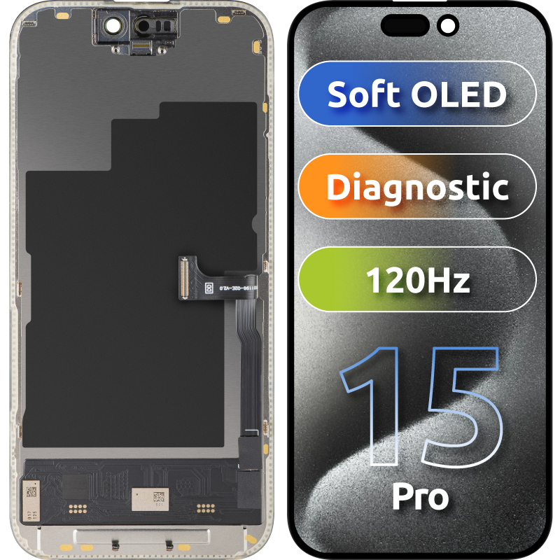 Display cu Touchscreen MP compatibil cu Apple iPhone 15 Pro, cu Rama, Versiune Soft OLED FHD 120Hz Diagnostic, Negru