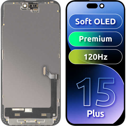 Display cu Touchscreen MP compatibil cu Apple iPhone 15 Plus, cu Rama, Versiune Premium Soft OLED FHD 120Hz, Negru