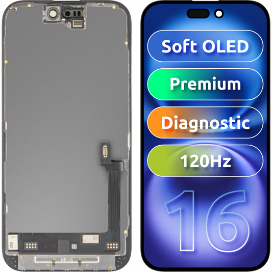 Display cu Touchscreen MP compatibil cu Apple iPhone 16, cu Rama, Versiune Premium Soft OLED FHD 120Hz Diagnostic, Negru