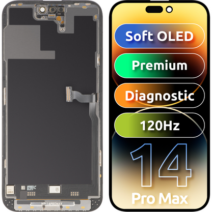 Display cu Touchscreen MP compatibil cu Apple iPhone 14 Pro Max, cu Rama, Versiune Premium Soft OLED FHD 120Hz Diagnostic, Negru