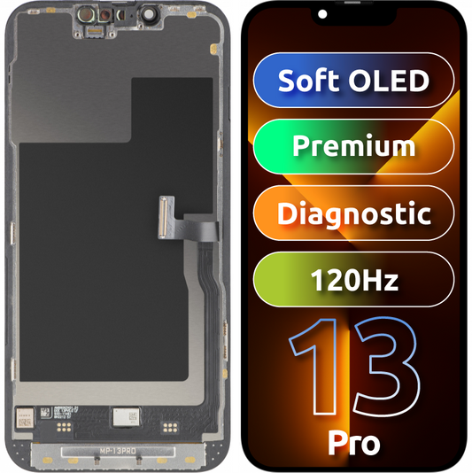Display cu Touchscreen MP compatibil cu Apple iPhone 13 Pro, cu Rama, Versiune Premium Soft OLED FHD 120Hz Diagnostic, Negru
