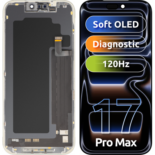 Display cu Touchscreen MP compatibil cu Apple iPhone 17 Pro Max, cu Rama, Versiune Soft OLED FHD Diagnostic, Negru