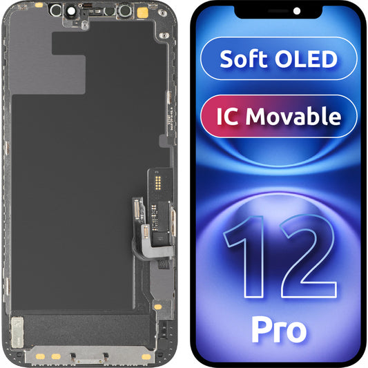 Display cu Touchscreen MP compatibil cu Apple iPhone 12 / 12 Pro, cu Rama, Versiune Soft OLED IC Movable FHD, Negru