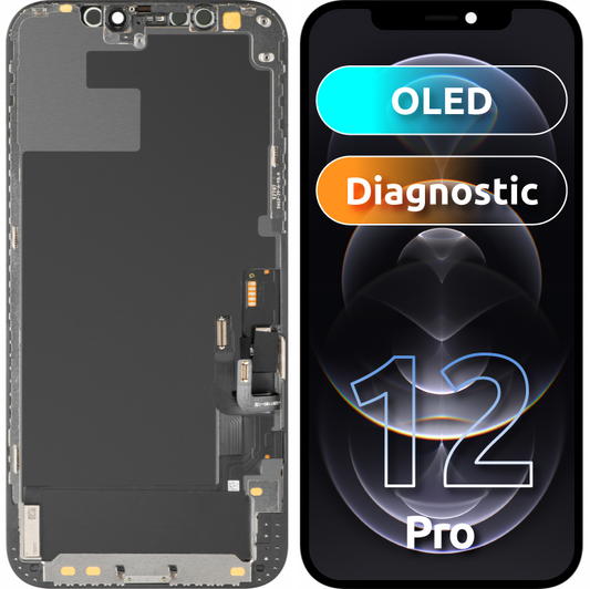 Display cu Touchscreen MP compatibil cu Apple iPhone 12 / 12 Pro, cu Rama, Versiune OLED Diagnostic, Negru