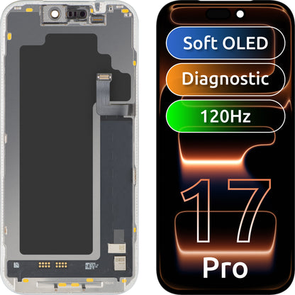 Display cu Touchscreen MP compatibil cu Apple iPhone 17 Pro, cu Rama, Versiune Soft OLED FHD 120Hz Diagnostic, Negru
