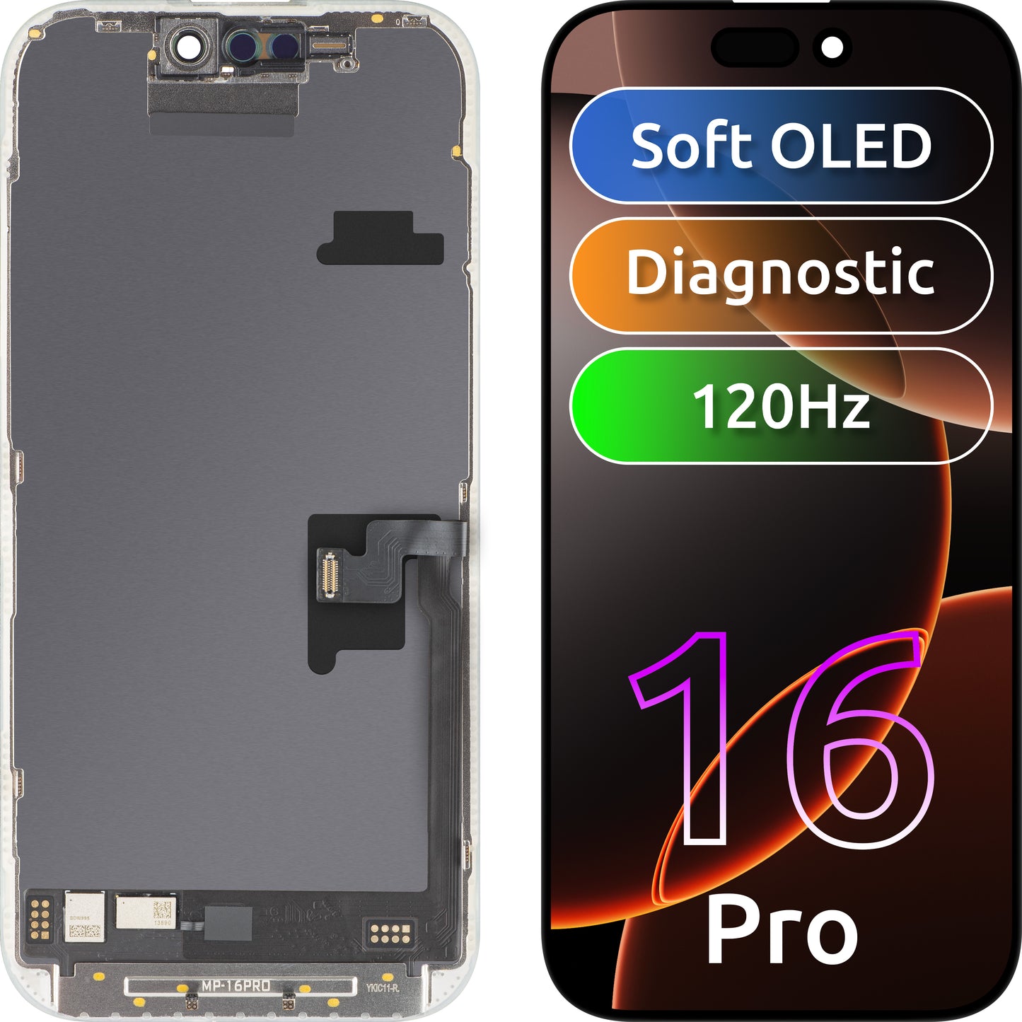 Display cu Touchscreen MP compatibil cu Apple iPhone 16 Pro, cu Rama, Versiune Soft OLED FHD 120Hz Diagnostic, Negru