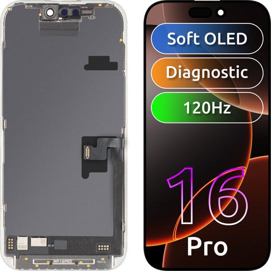 Display cu Touchscreen MP compatibil cu Apple iPhone 16 Pro, cu Rama, Versiune Soft OLED FHD 120Hz Diagnostic, Negru