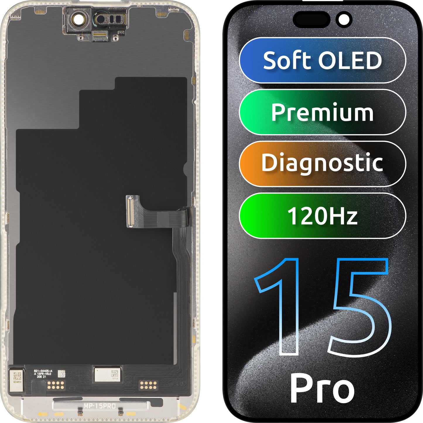 Display cu Touchscreen MP compatibil cu Apple iPhone 15 Pro, cu Rama, Versiune Premium Soft OLED FHD 120Hz Diagnostic, Negru
