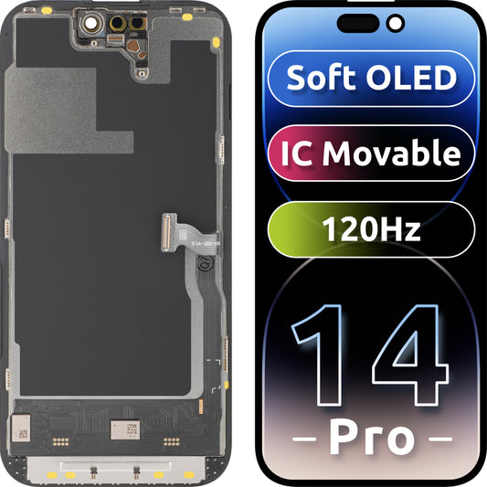 Display cu Touchscreen MP compatibil cu Apple iPhone 14 Pro, cu Rama, Versiune Soft OLED IC Movable 120Hz FHD, Negru