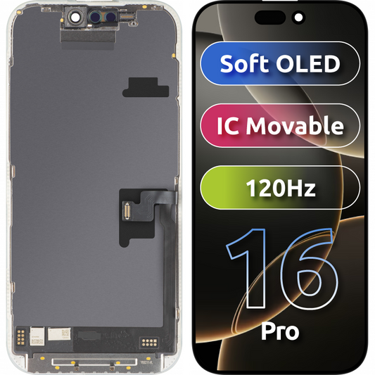 Display cu Touchscreen MP compatibil cu Apple iPhone 16 Pro, cu Rama, Versiune Soft OLED FHD 120Hz IC Movable, Negru