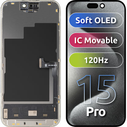 Display cu Touchscreen MP compatibil cu Apple iPhone 15 Pro, cu Rama, Versiune Soft OLED IC Movable 120Hz FHD, Negru