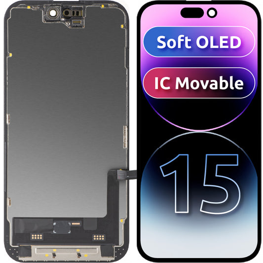 Display cu Touchscreen MP compatibil cu Apple iPhone 15, cu Rama, Versiune Soft OLED FHD IC Movable, Negru