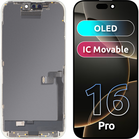 Display cu Touchscreen MP compatibil cu Apple iPhone 16 Pro, cu Rama, Versiune OLED FHD IC Movable, Negru