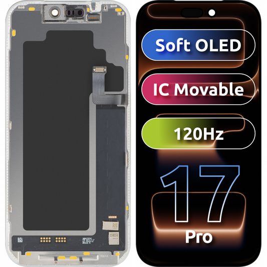 Display cu Touchscreen MP compatibil cu Apple iPhone 17 Pro, cu Rama, Versiune Soft OLED FHD 120Hz IC Movable, Negru