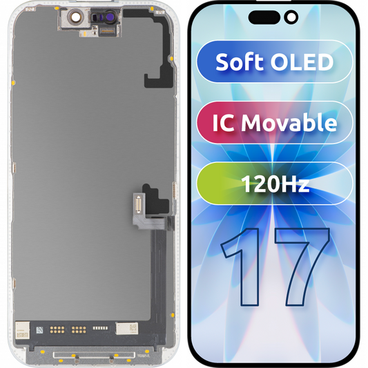 Display cu Touchscreen MP compatibil cu Apple iPhone 17, cu Rama, Versiune Soft OLED FHD 120Hz IC Movable, Negru
